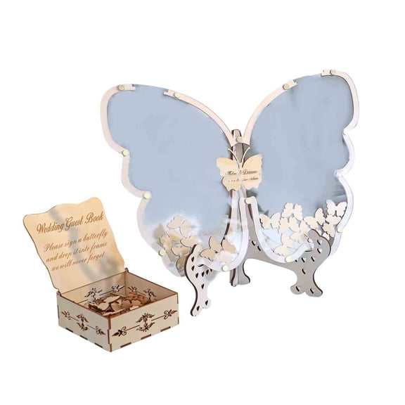 HuiXinOu Wooden Butterfly Guestbook, Wedding Sign-in Table Decor with 60 Pieces Ornaments for Party, Anniversary and Celebration Events