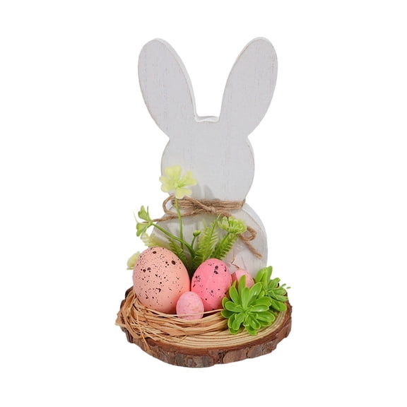 HuiXinOu Wooden Easter Desktop Ornament White Log Bunny Shape with Colored Egg Accents Home Holiday Scene Decor for Table Shelf and Countertop