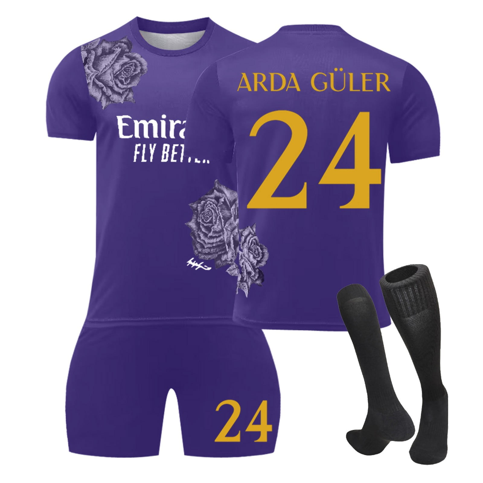 HuiXiongg 2425 European FC Rose Special Edition Soccer Jersey, #24 ARDA GULER European Purple Soccer Jersey 3 Piece Set, Short Sleeve Kids European Soccer Jersey, #24/22