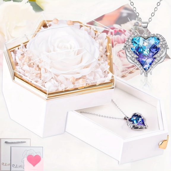Huideng Preserved Real Red Rose Gift Box with Heart-Shaped Crystal Necklace, Eternal Flower Jewelry Case, Romantic "I Love You Forever" Gift for Women, Anniversary, Valentine's Day