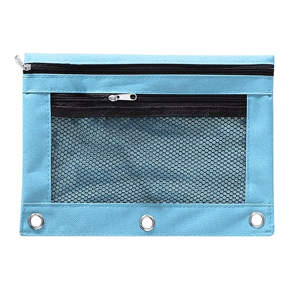 Huiing Blue Mesh Zipper Pencil Pouch for 3 Ring Binders, Heavy-Duty Canvas Quick-View Mesh Pocket Mesh Office Pouch, Multi-Purpose Pen Bag, Reinforced Metal Rings Versatile