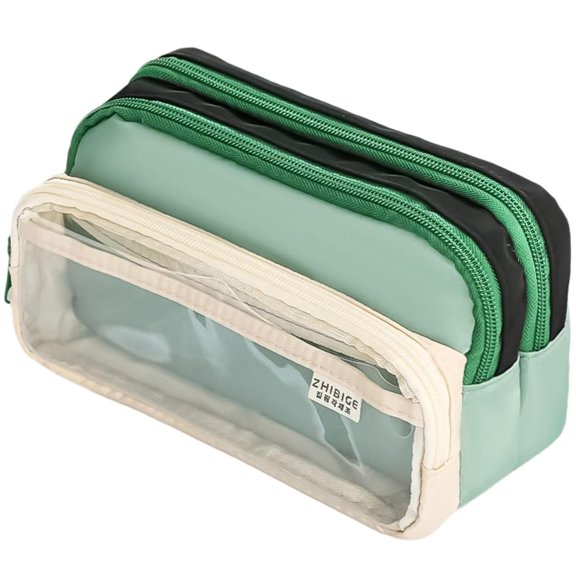 Huiing Green Large Capacity Pencil Case with 4 Compartments and Color Block Design, 4 Compartments Including Mesh Pockets Aesthetic Desk Organizer, Large Pen Storage Case, Dust-Proof