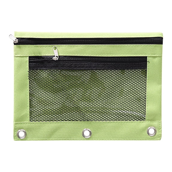 Huiing Green Mesh Zipper Pencil Pouch for Binders, Heavy-Duty Canvas Quick-View Mesh Pocket Mesh Stationery Bag, Multi-Use Zipper Pouch, Reinforced Metal Rings Secure 3-Ring Binder Integration