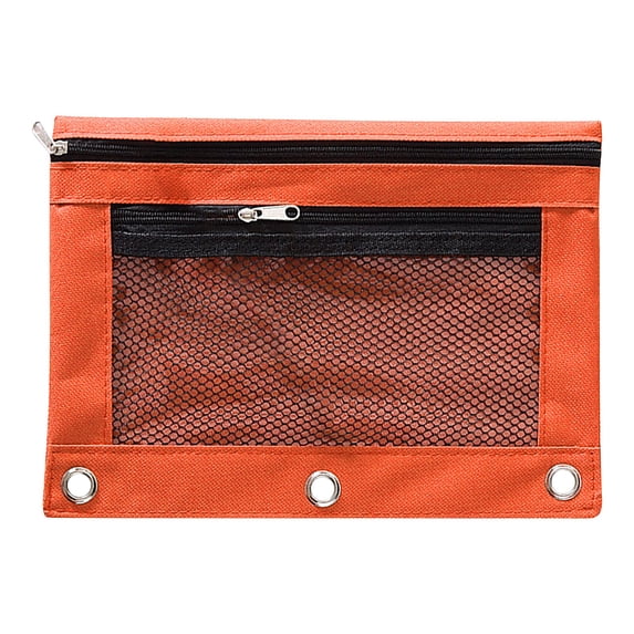Huiing Orange Mesh Zipper Pencil Pouch for 3 Ring Binders, Heavy-Duty Canvas Quick-View Mesh Pocket Mesh Office Pouch, Multi-Purpose Pen Bag, Reinforced Metal Rings Versatile