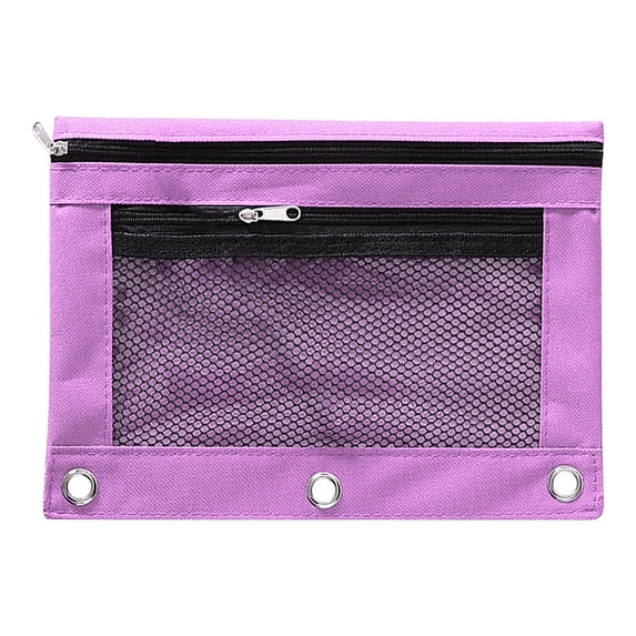 Huiing Purple Mesh Zipper Pencil Pouch for 3 Ring Binders, Heavy-Duty Canvas Quick-View Mesh Pocket Mesh Office Pouch, Multi-Purpose Pen Bag, Reinforced Metal Rings Versatile