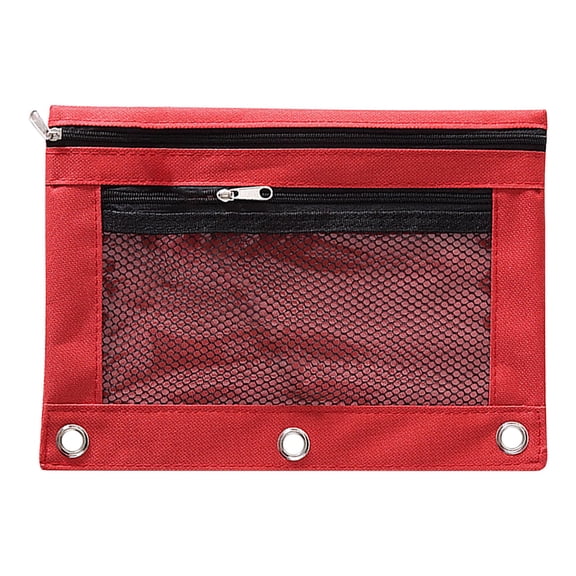 Huiing Red Mesh Zipper Pencil Pouch for Binders, Heavy-Duty Canvas Quick-View Mesh Pocket Mesh Stationery Bag, Multi-Use Zipper Pouch, Reinforced Metal Rings Secure 3-Ring Binder Integration