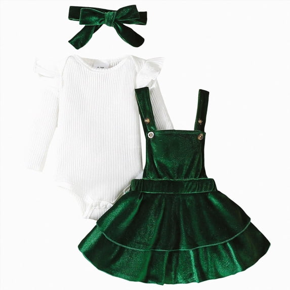 Huioutfit Newborn Baby Girls Christmas Outfits Long Sleeve Onesie Romper+Velvet Suspender Skirts+Headband Clothes,Green