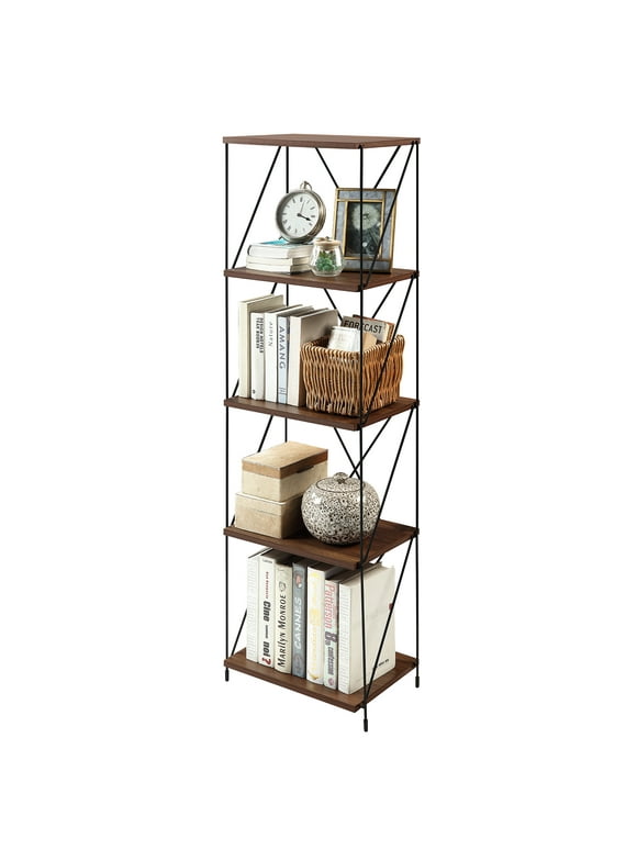 Huisenitre 5-Tier Multipurpose Bookcase Walnut Brown Wooden Storage Shelf with Metal Frame, No Tools