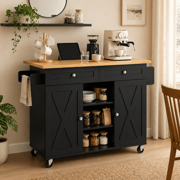 Huisenitre Kitchen Island with Drop Leaf and Storage, Rolling Kitchen Cart on Wheels, Black