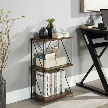 Huisenitre No Tools 3-Tier Bookcase ,Walnut Brown Wooden Small Book Shelf with Metal Frame For Small Spaces , Home Office
