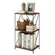 Huisenitre No Tools 3-Tier Bookcase ,Walnut Brown Wooden Standing Shelves with Black Metal Frame