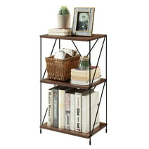 Huisenitre No Tools 3-Tier Bookcase ,Walnut Brown Wooden Standing Shelves with Black Metal Frame
