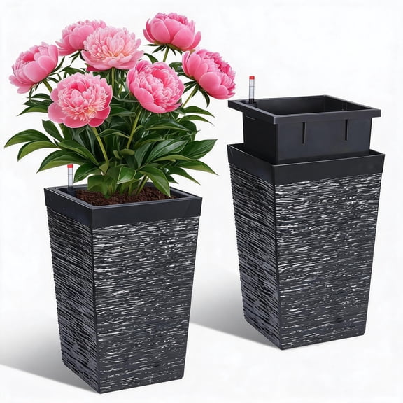 Huisuilinss 16in Tall Planter Set Of 2, Large Self Watering Pots For Indoor/Outdoor Plants Flower Pot With Drain Holes, Water Level Monitor, Inner Bucket For Front Porch Patio