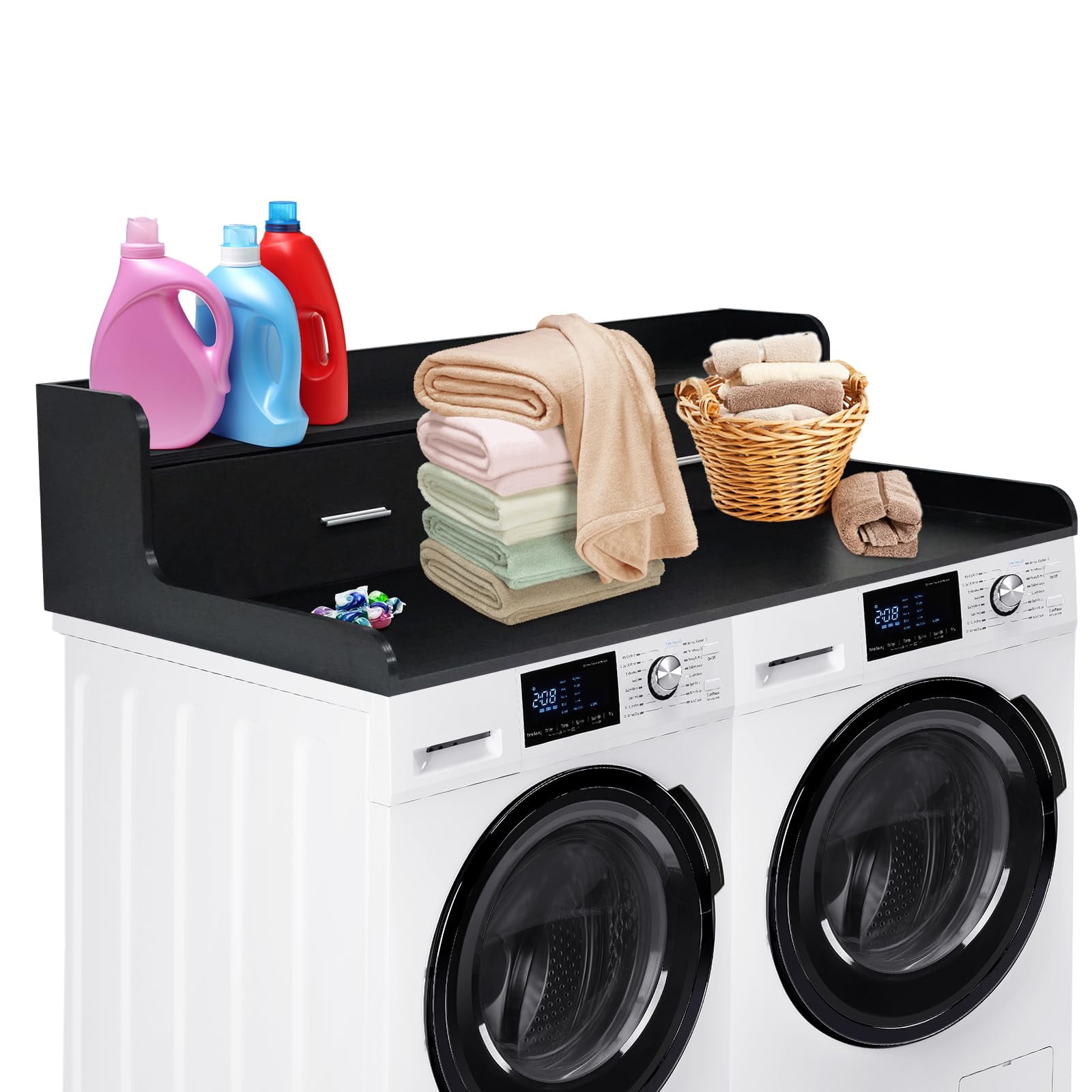 Huisuilinss 2-Tier Washer Dryer Countertop With 2 Drawers,Wood Washer And Dryer Countertop,Laundry Countertop With 2.75" H Edge Rails,Anti-Slip Pads,Laundry Topper For Laundry Room Folding Clothes
