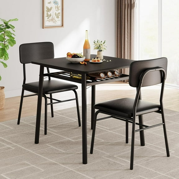 Huisuilinss 3-Piece Dining Table Set,Small Kitchen Table For 2 With Storage Rack,Wood Square Table With Upholstered Chairs,Metal Frame For Small Space Kitchen Dining Room Apartment