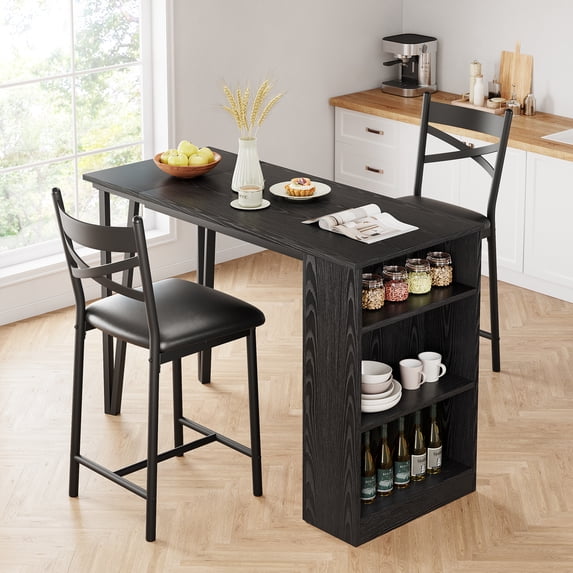Huisuilinss 3 Piece Expandable Kitchen Table And Chairs Set For 2 Wooden Counter Height Dining Table Set With Storage Shelves Upholstered Chairs For Small Space Apartment
