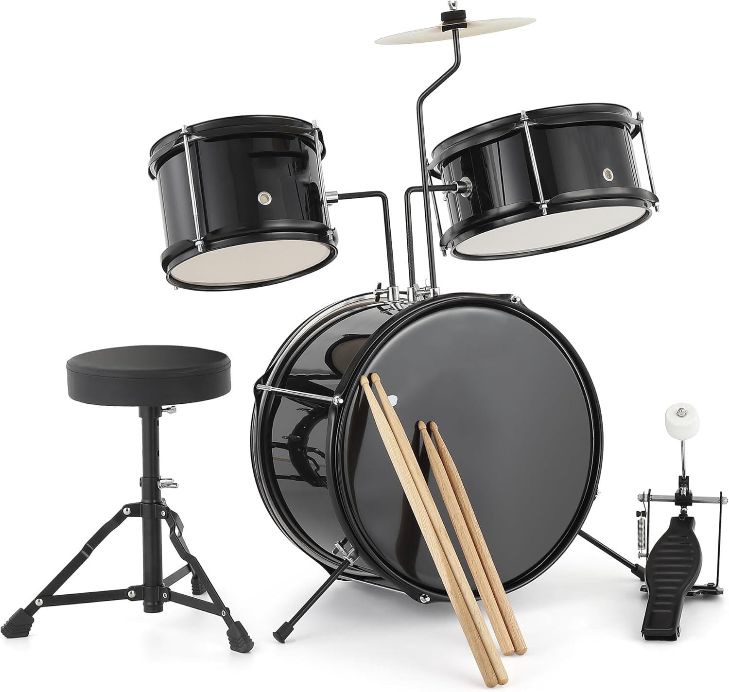 Huisuilinss 3 Piece Kids Drum Set with Cymbal, Beginner Junior Drum Sets with 14.76'' Bass Drum, Tom, Pedal, Drumsticks, Adjustable Seat, Drumset for Junior Boys and Girls