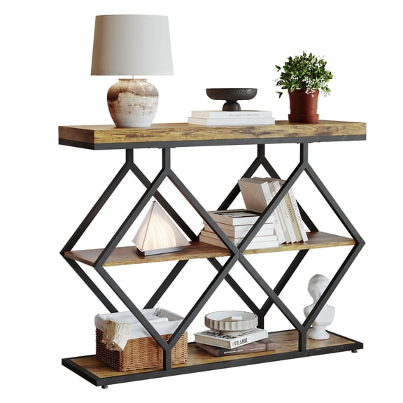Huisuilinss 3-Tier Entryway Table,Industrial Console Table,Sofa Table With Storage,Narrow Side Table With Open Shelves,Diamond-Shaped Metal Frame Hallway Table For Living Room Entrance Foyer Office