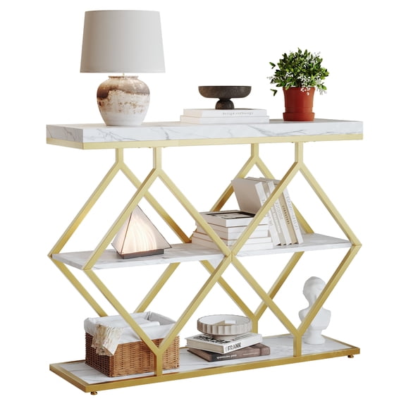Huisuilinss 3-Tier Entryway Table,Industrial Console Table,Sofa Table With Storage,Narrow Side Table With Open Shelves,Diamond-Shaped Metal Frame Hallway Table For Living Room Entrance Foyer Office
