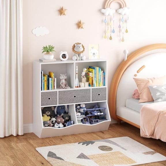 Huisuilinss 3 Tiers Toy Storage Organizer Kids Bookshelf With 3 Movable Drawers 7 Cubbies Toy Chest Shelf Storage Cabinet Storage Unit Bookcase Footboard For Playroom Bedroom Nursery School