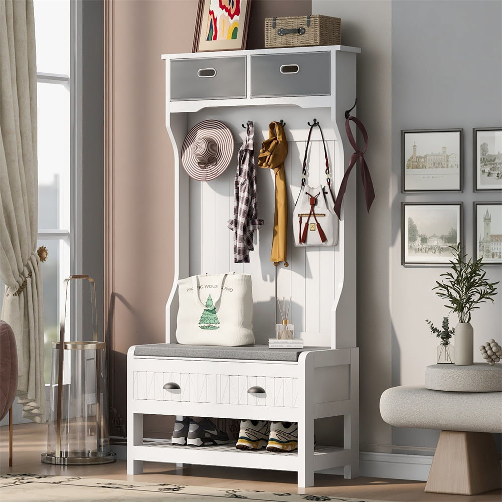 White MDF Hall Tree with Storage Drawers and Hooks