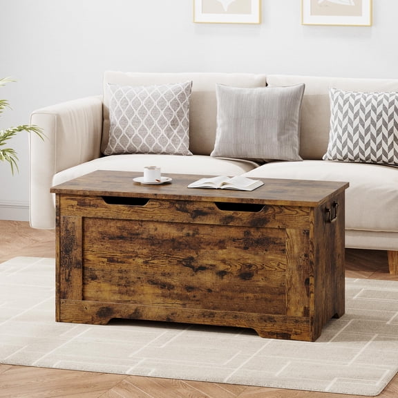 Huisuilinss 39.4" Farmhouse Storage Bench With Lid 4 Wheels Wooden Storage Chest Storage Trunk With 2 Safety Hinges Supports 350 Lbs U-Shape Cutout Shoe Bench For Living Bedroom Entryway