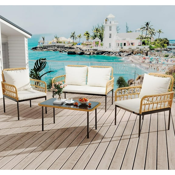 Huisuilinss 4 Piece Patio Furniture Set,Patio Conversation Set,PE Rattan Wicker Loveseat & Chairs With Glass Coffee Table & Steel Frame,All-Weather Rattan Table And Chairs Set For Patio Balcony