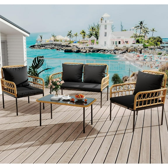 Huisuilinss 4 Piece Patio Furniture Set,Patio Conversation Set,PE Rattan Wicker Loveseat & Chairs With Glass Coffee Table & Steel Frame,All-Weather Rattan Table And Chairs Set For Patio Balcony