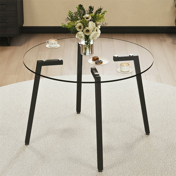 Huisuilinss 42-Inch Round Glass Dining Table,Thick Tempered Glass Dining Table With Metal Base Frame,Modern Coffee Table For Kitchen Living Room Apartment