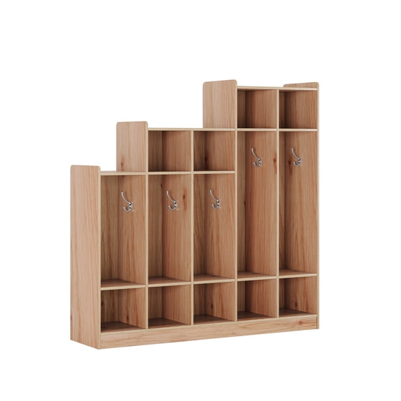 Huisuilinss 5-Section Coat Locker With Cubby,Classroom Coat Locker With 9 Cubbies,10 Hooks,Stepped Design Daycare Cubby With Top Shelf,Wood Classroom Furniture For Home School Kindergarten