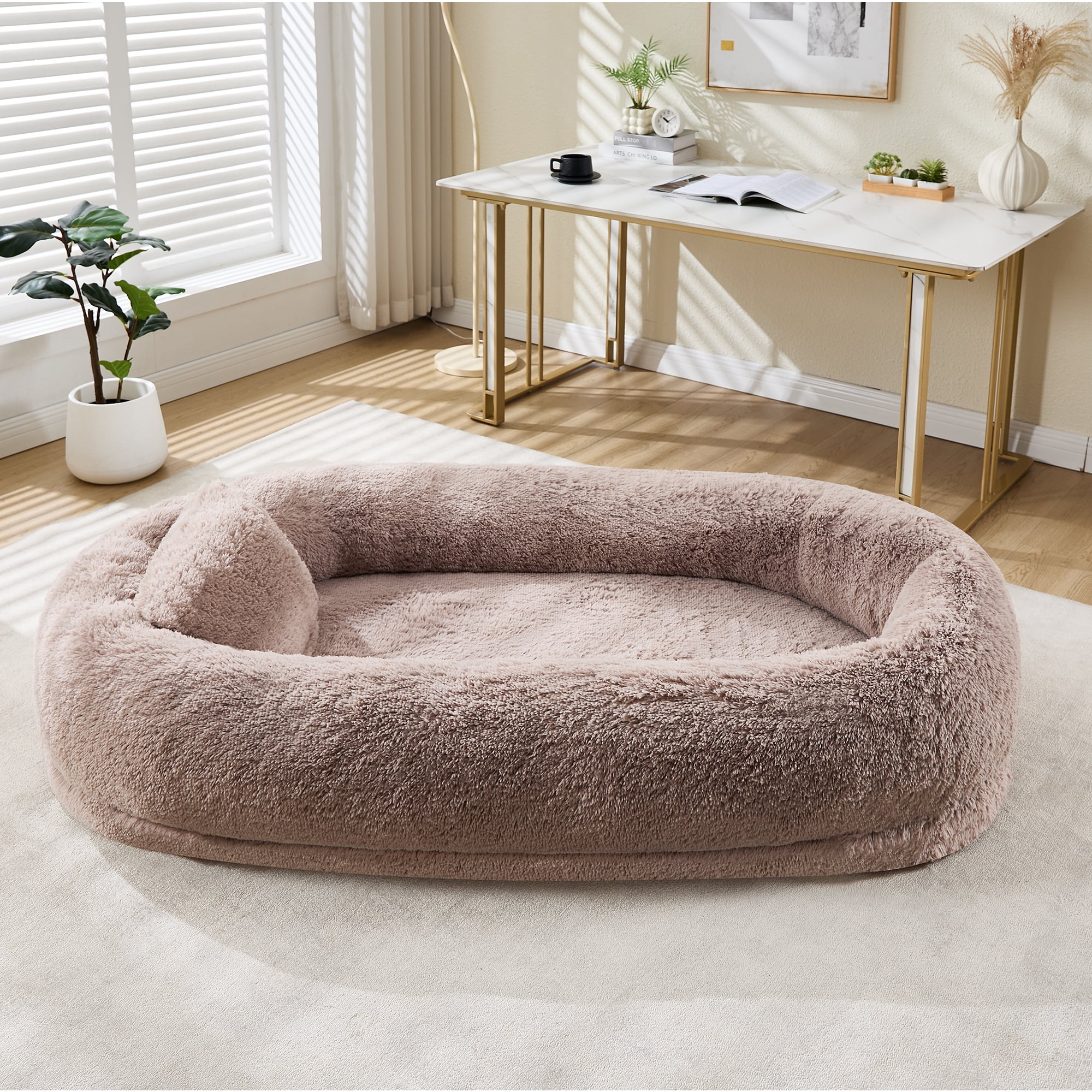 Huisuilinss 67" Human Dog Bed For Adult & Pets,Removable Faux Fur Dog Bed With Pillow,Side Pockets,Egg-Shaped Orthopedic Foam,Human Sized Dog Bed For Living Rooms Bedrooms Offices