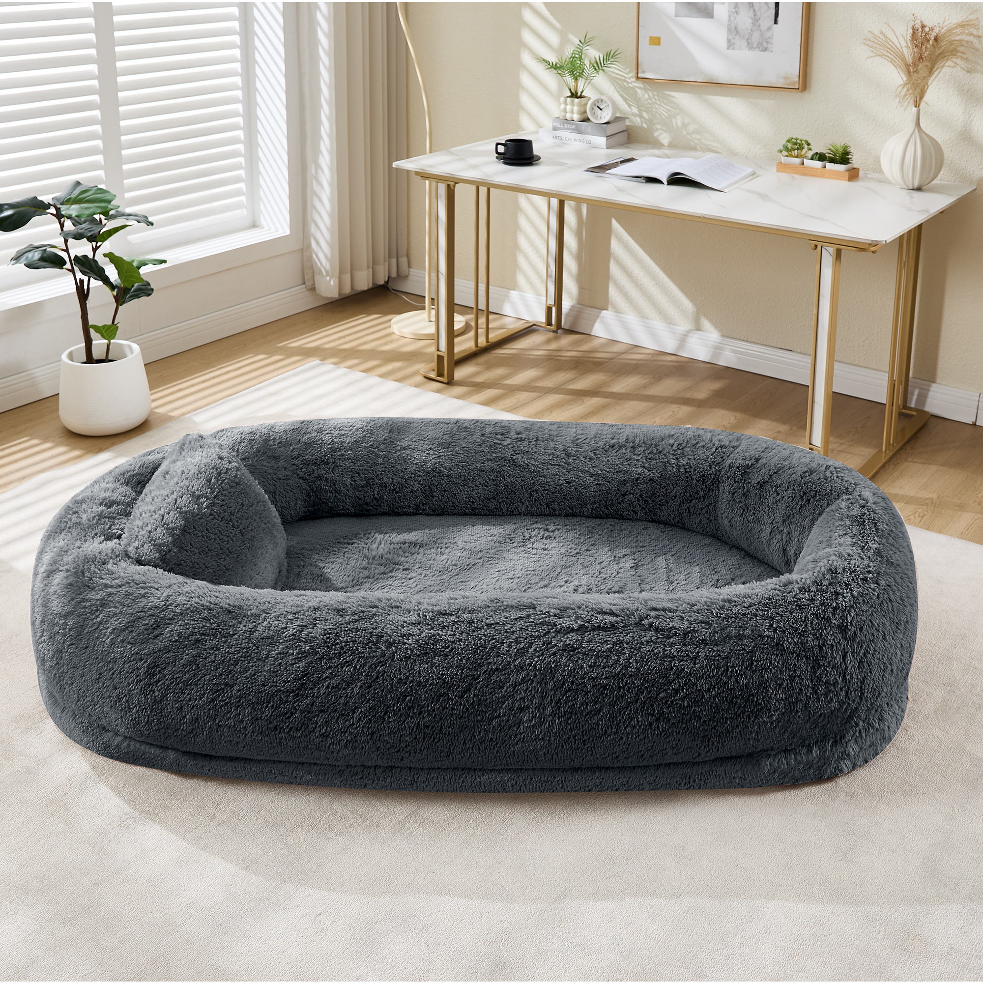 Huisuilinss 67" Human Dog Bed For Adult & Pets,Removable Faux Fur Dog Bed With Pillow,Side Pockets,Egg-Shaped Orthopedic Foam,Human Sized Dog Bed For Living Rooms Bedrooms Offices