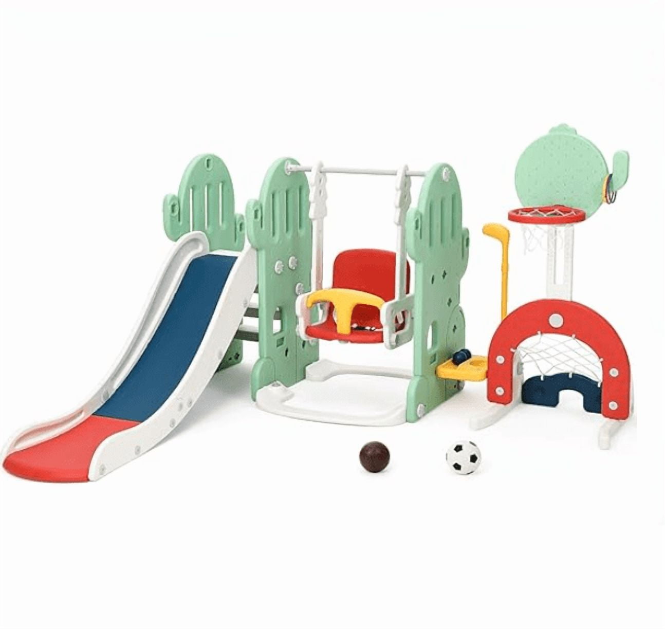Huisuilinss 7 In 1 Toddler Slide And Swing Set,Kids Freestanding Climber Slide PlaySet,Toddler Slide Set With Adjustable Swing And Basketball Hoop,Soccer Golf And Ring Toss Game,Playground For Age 1-3