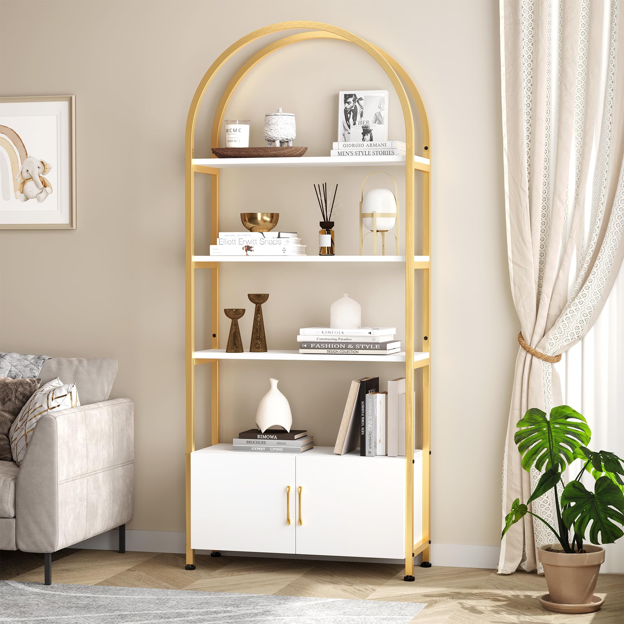 Gold and White 71.5" Tall Arched Bookshelf with Doors