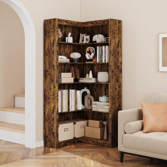 Huisuilinss 71.8” Tall Corner Bookshelf, 5-Tier Bookshelf and Bookcase with Open Storage, L Shaped Tall Bookcases Wooden Storage Shelves for Bedroom Living Room Home Office