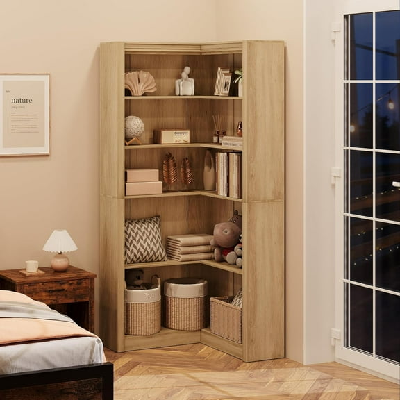 Huisuilinss 71.8” Tall Corner Bookshelf, 5-Tier Bookshelf and Bookcase with Open Storage, L Shaped Tall Bookcases Wooden Storage Shelves for Bedroom Living Room Home Office