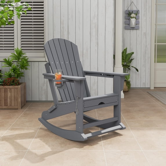 Huisuilinss Adirondack Rocking Chair,Plastic Outdoor Rocking Chair With Footrest,Folding Patio Chair With Retractable Ottoman And Cup Holder For Porch Backyard Pool Lawn,1PCS