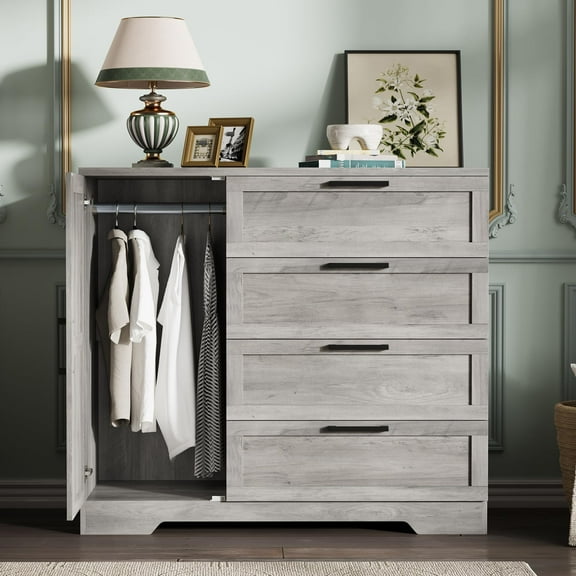 Huisuilinss Armoire Wardrobe Closet With 4 Drawers And Door,Bedroom Wardrobe Cabinet,Clothing Storage Cabinet With Hanging Rod,Wood 4 Drawer Dresser With Storage