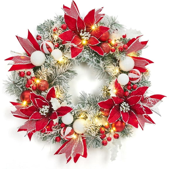 Huisuilinss Artificial Christmas Wreath,24" Pre-Lit Christmas Wreath For Front Door,Battery Operated Lighted Xmas Wreath With Flower,Ball Ornaments For Fireplace Window Holiday Decor,1PCS