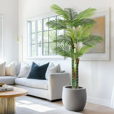 Huisuilinss Artificial Palm Tree,6FT/7FT Tall Fake Palm Tree,Indoor Palm Tree with  Leaves and Real Bark Design Tropical Areca Palm Silk Floor Plant in Pot for Home Office Living Room Bedroom Decor