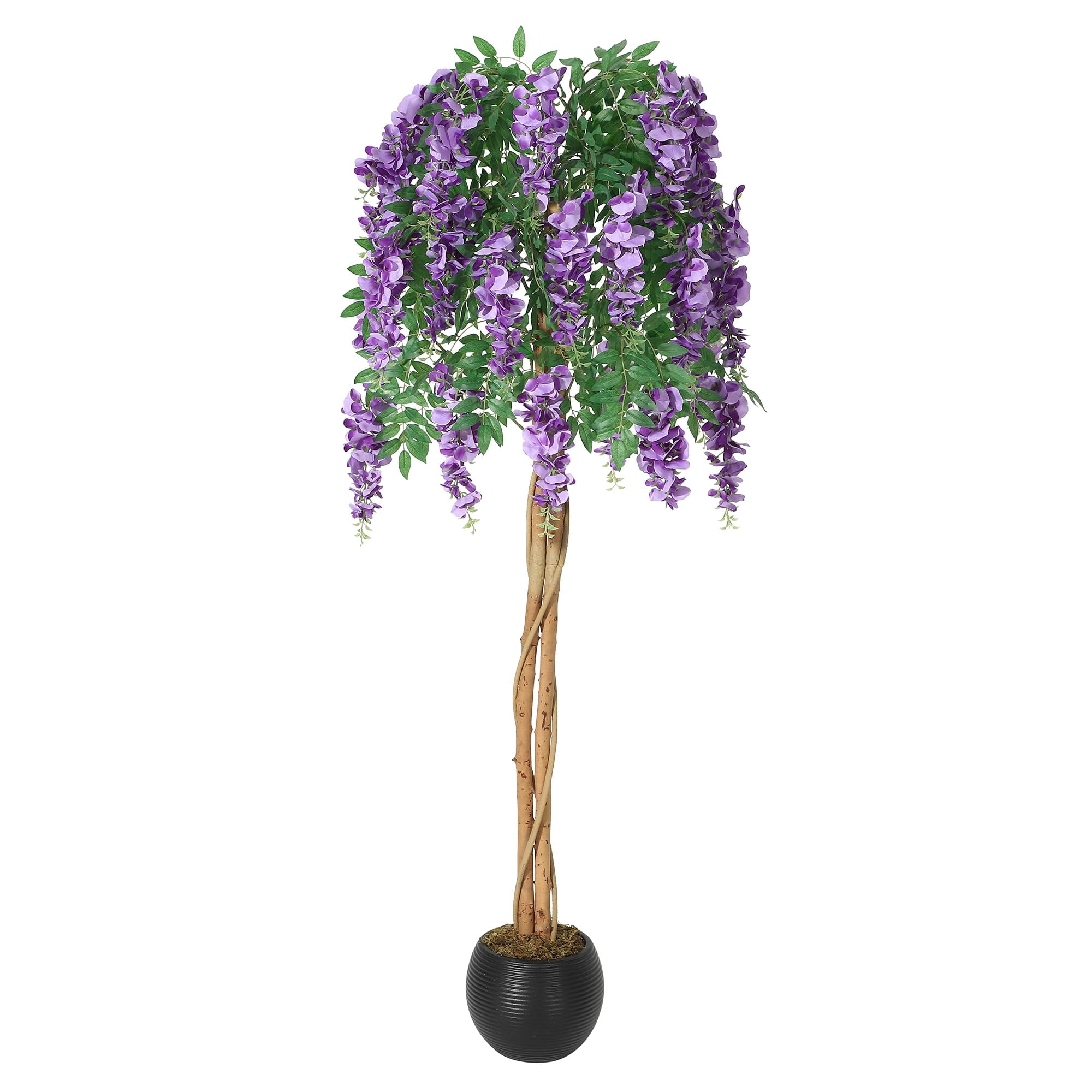 Huisuilinss Artificial Purple Blossom Tree,Artificial Purple Bean Flower Tree,Potted Faux Flower Tree,Silk Faux Plant Fake Tree With Double Trunk,Hanging Vine,Moss For Office Wedding Photo Backdrop