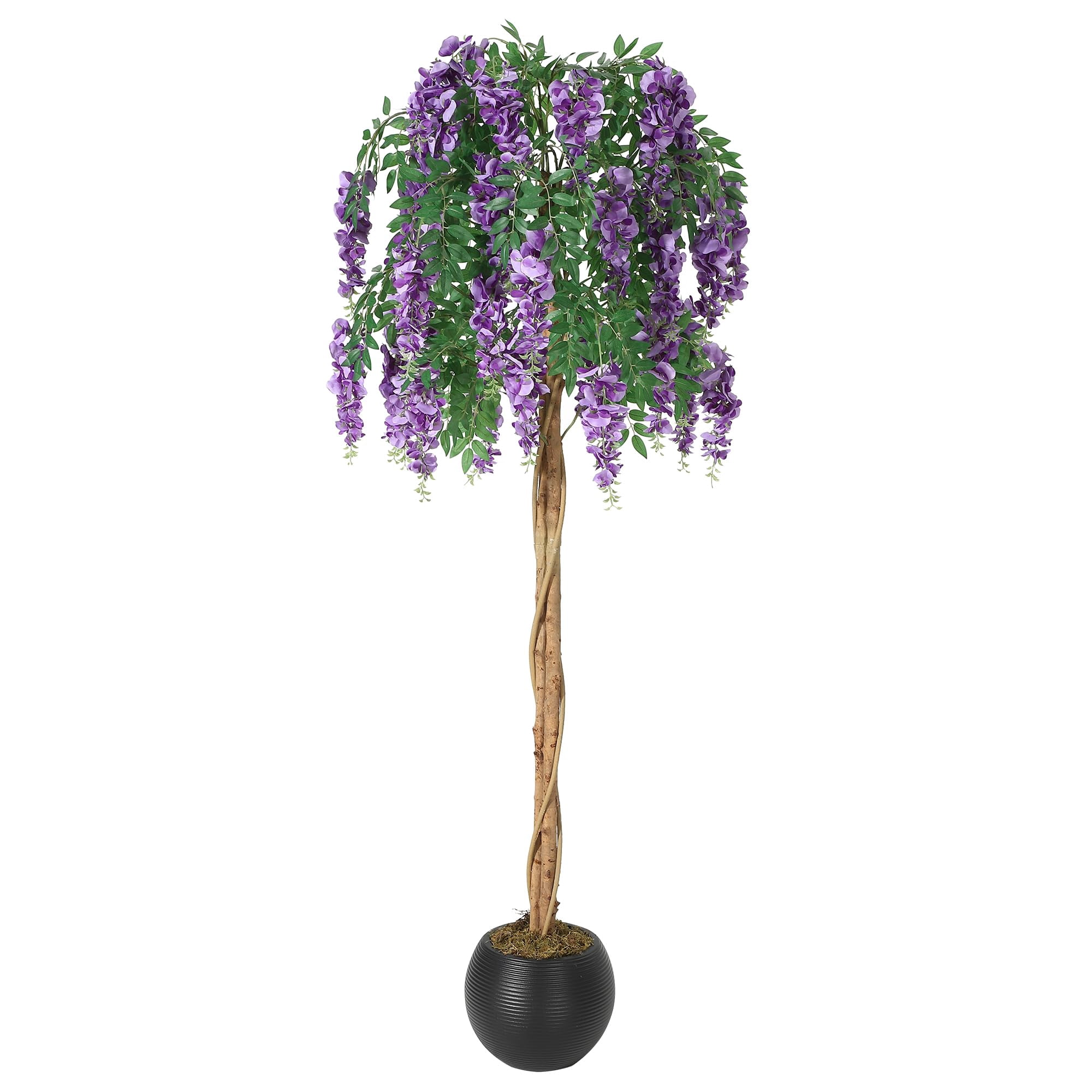 Huisuilinss Artificial Purple Blossom Tree,Artificial Purple Bean Flower Tree,Potted Faux Flower Tree,Silk Faux Plant Fake Tree With Double Trunk,Hanging Vine,Moss For Office Wedding Photo Backdrop
