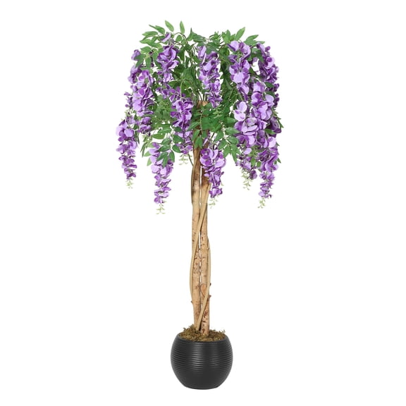 Huisuilinss Artificial Purple Blossom Tree,Artificial Purple Bean Flower Tree,Potted Faux Flower Tree,Silk Faux Plant Fake Tree With Double Trunk,Hanging Vine,Moss For Office Wedding Photo Backdrop