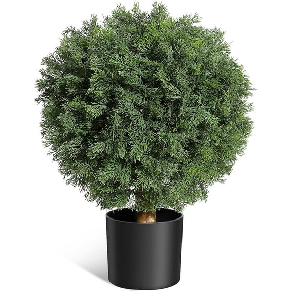 Huisuilinss Artificial Topiary Cedar Ball Tree,24'' Fake Cedar Potted Plants，2Pcs Artificial Shrubs Bushes Ball Tree for Front Door Porch Garden Backyard Decor
