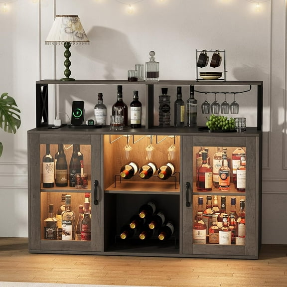 Huisuilinss Bar Cabinet with Power Outlets,Kitchen Buffet Sideboard with Led Lights and Glass Holder, Kithchen Bar with Glass Cabinet Doors, Storage Buffet Cabinet Coffee Bar Cabinet