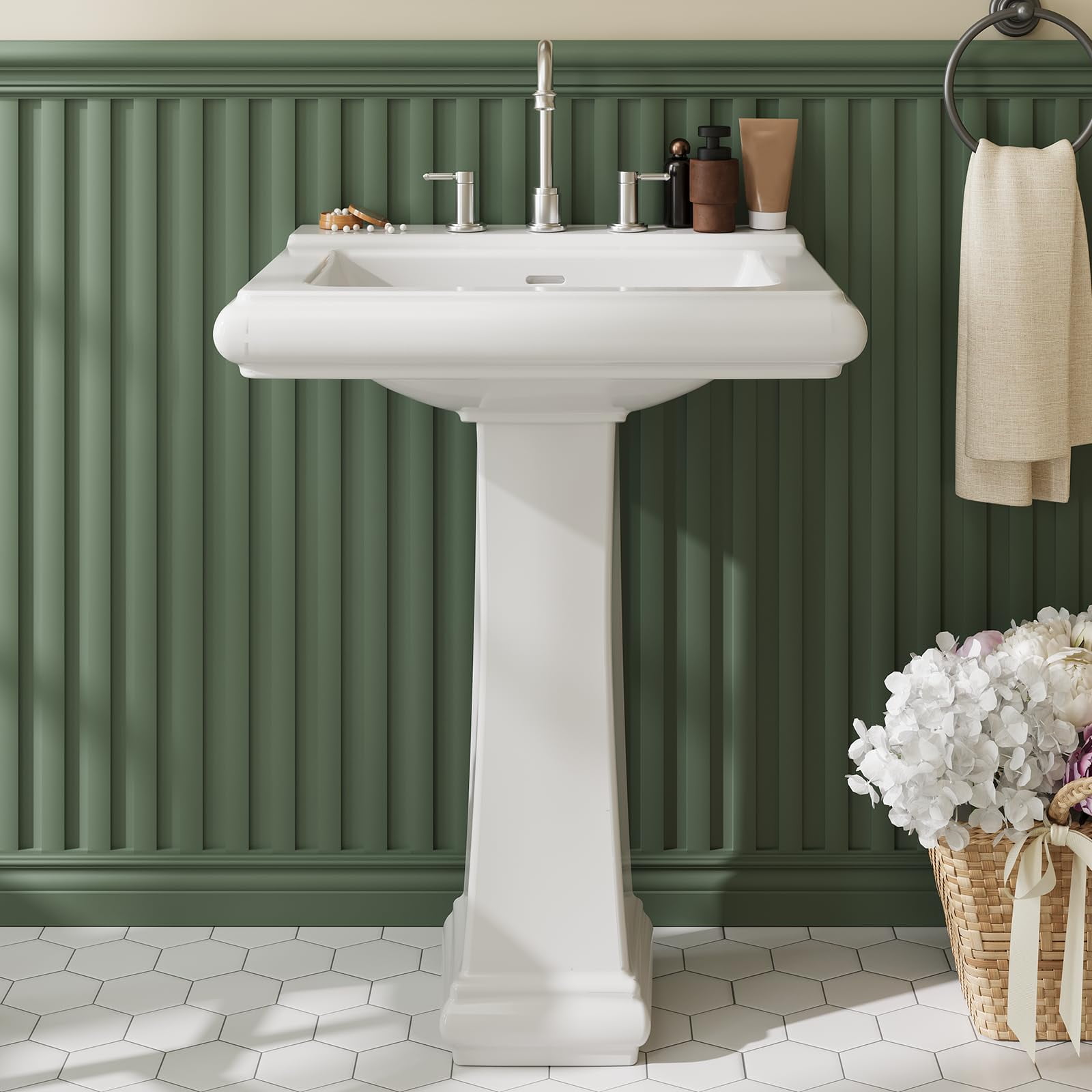 Huisuilinss Bathroom Pedestal Sink,Modern U-Shape White Ceramic Pedestal Bathroom Sink With Overflow & 3 Pre-Drilled Holes