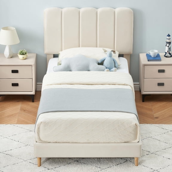 Huisuilinss Bed Frame for Girls,Velvet Upholstered Twin Bed Frame with Headboard, Noise-Free Wooden Slats, No Box Spring Needed Platform Bedframe, Easy Assembly