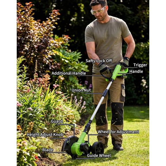 Huisuilinss Brushless Lawn Edger, Electric Cordless Edger/Trencher,Battery Edgers For Lawns With 9 Inch Blade, 3 Position Adjustable Depth, Lightweight With Rear Wheel Battery Powered Sidewalk Edger