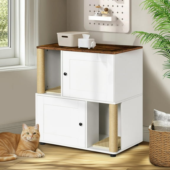 Huisuilinss Cat Litter Box Enclosure For 2 Cats,Double Layer Hidden Litter Box Furniture,2 Story Wood Cat Washroom Or Bed With Cat Scratching Post And Board,Pet House End Table For Living Room