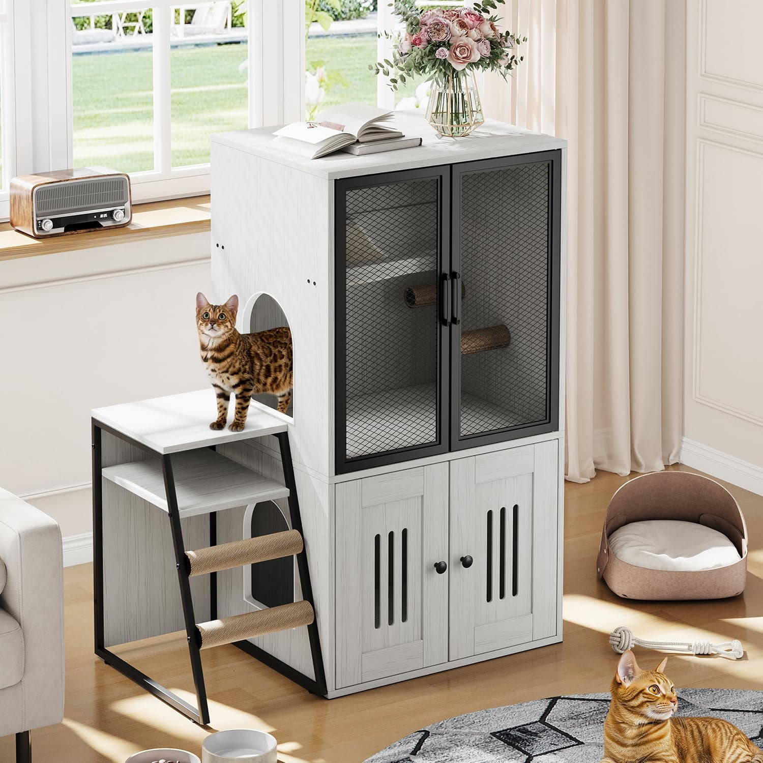 Huisuilinss Cat Litter Box Enclosure With Platform,Double Layer Hidden Litter Box Furniture With Doors,Indoor Cat House With Ladder,Litter Box Cabinet With Storage Space,Cat Washroom